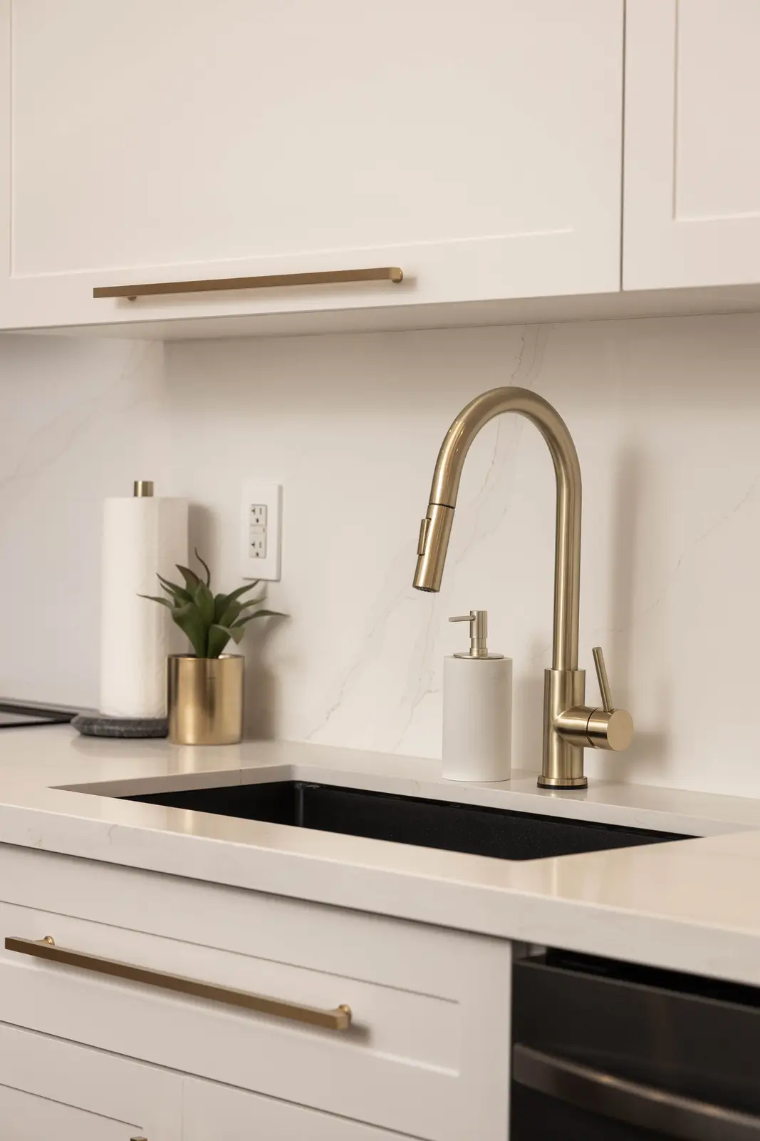 Interior of the Bristlewood Crescent renovation in Vaughan, with white cabinetry, warm wood floors, and black fittings.