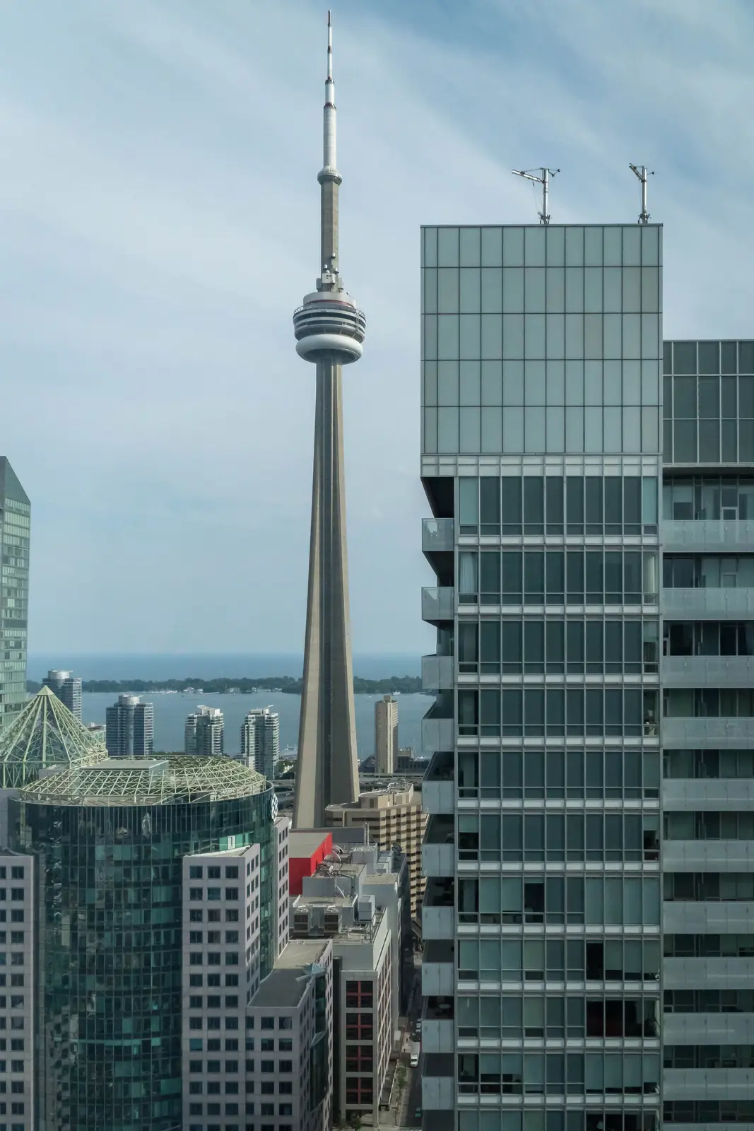Interior of a condo on Adelaide Street West in Toronto, with purple chairs, a white living room, and the skyline beyond the glass.