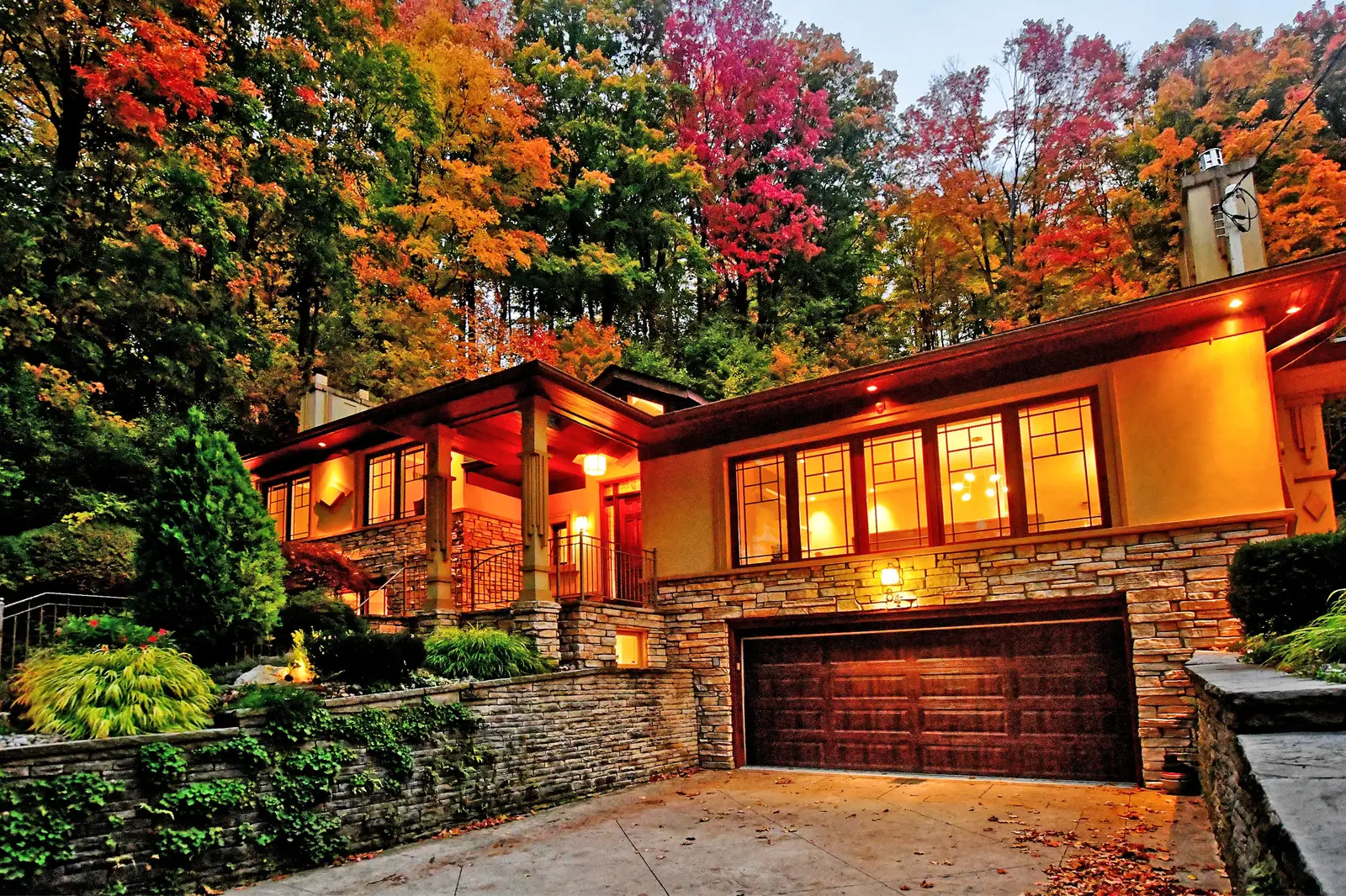 Interior of a house on Plymbridge Road in North York, with wood floors, a white kitchen, and windows onto the trees.