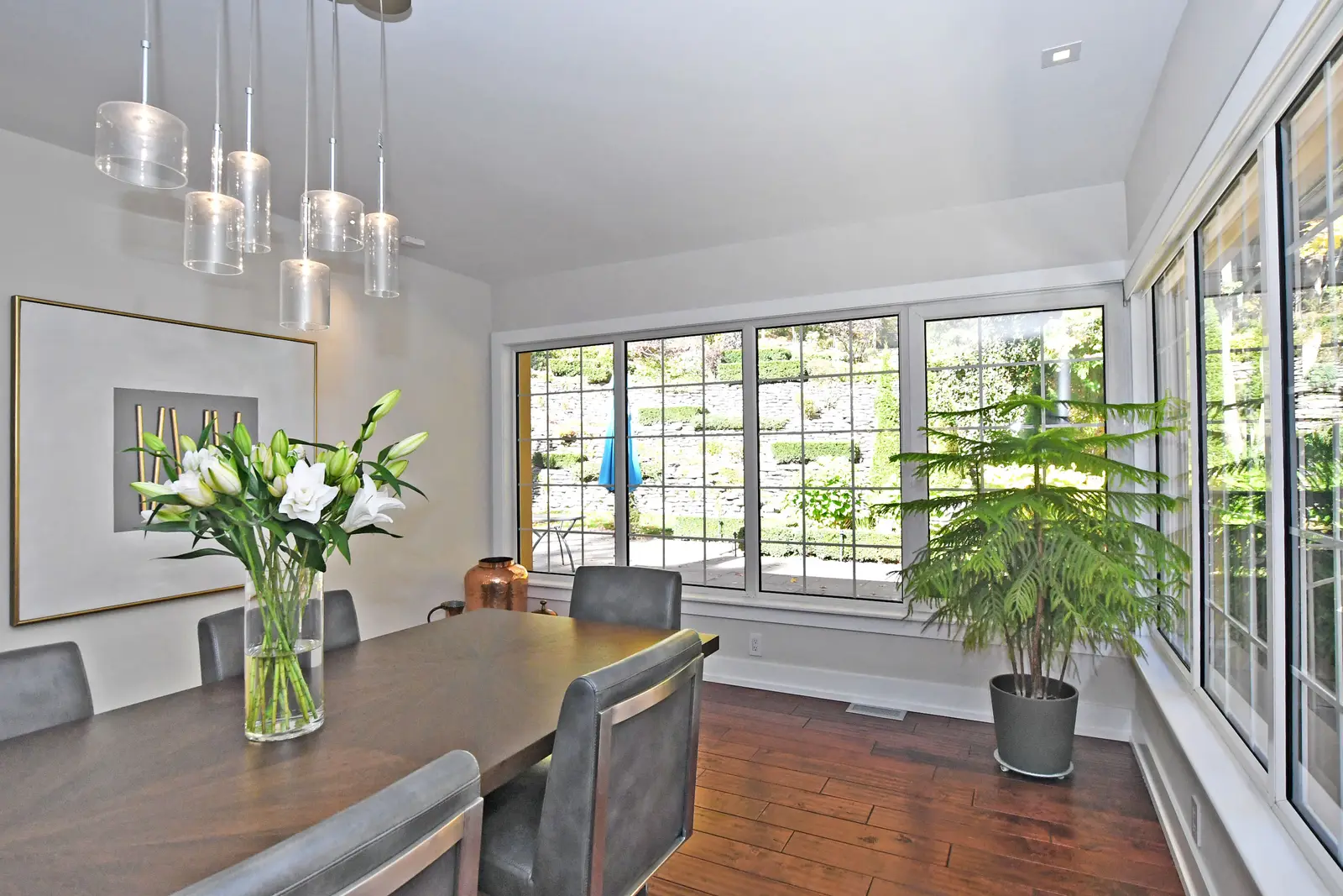 Interior of a house on Plymbridge Road in North York, with wood floors, a white kitchen, and windows onto the trees.