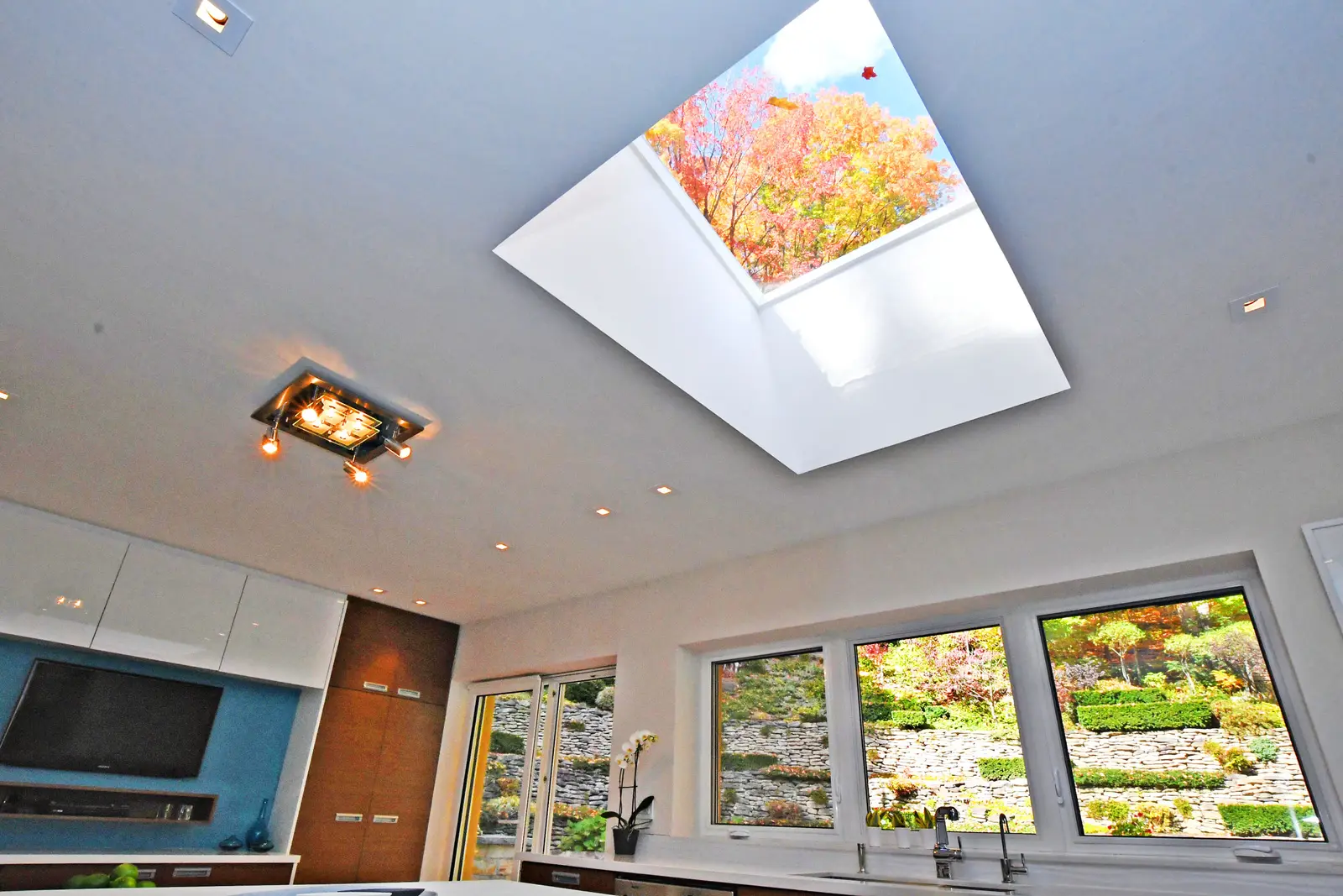 Interior of a house on Plymbridge Road in North York, with wood floors, a white kitchen, and windows onto the trees.